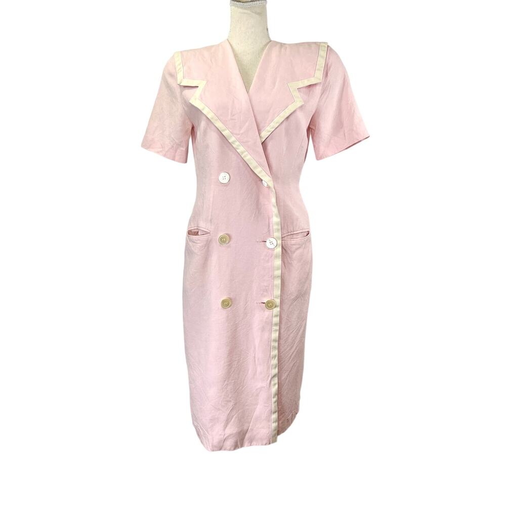 Vintage 90s Statement Lapel Midi Dress Pink Charter Club Linen Blend Secretary